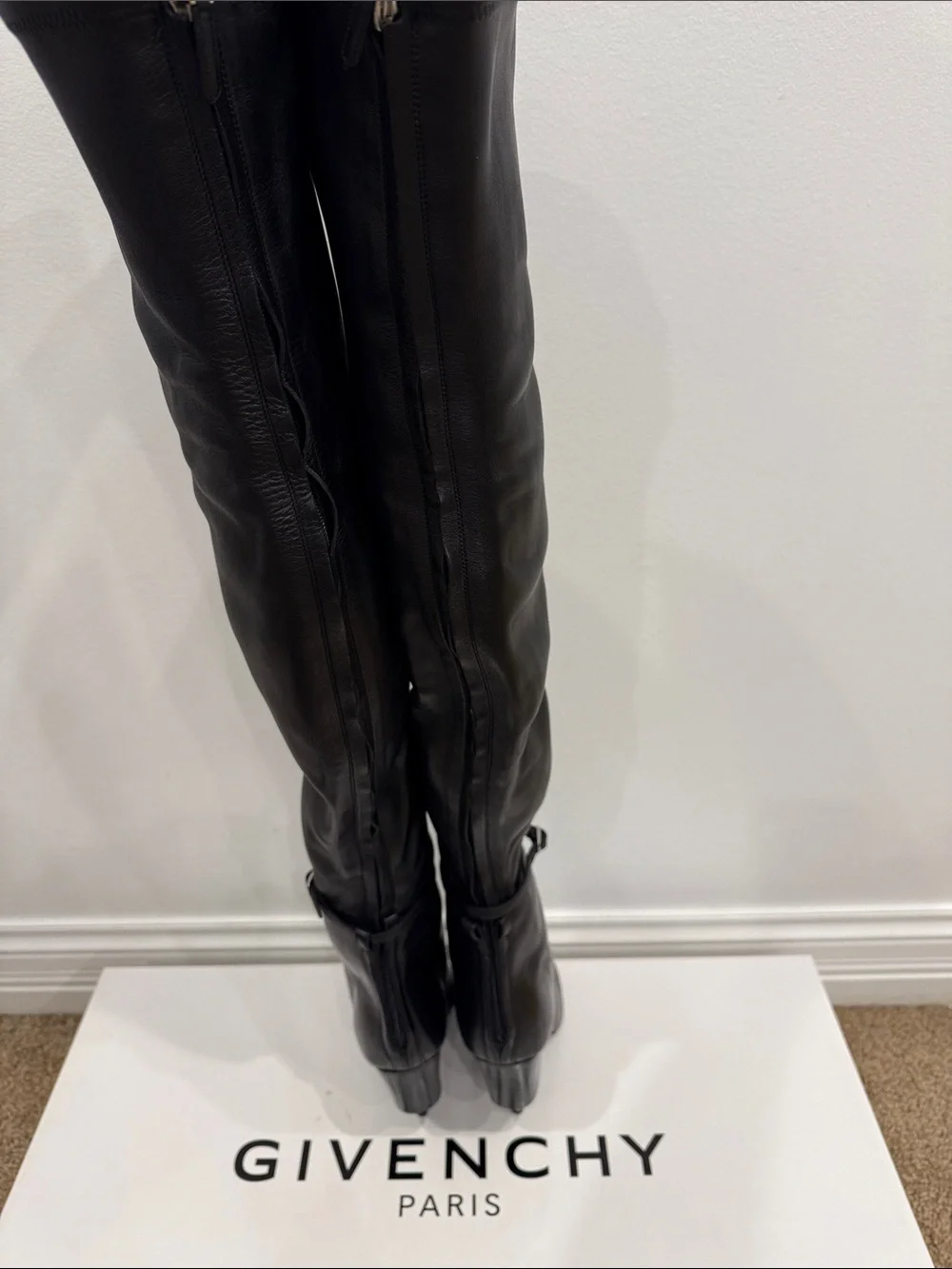 Givenchy Runway Black Lamb Leather Over The Knee Boots White Cap Toe 37